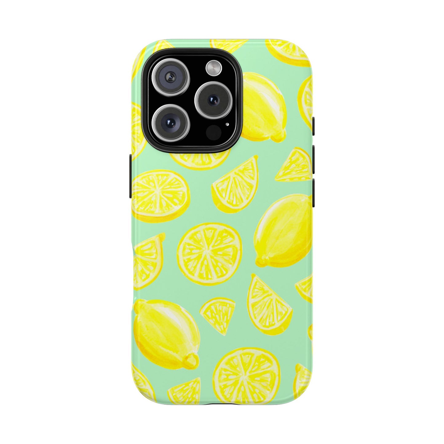 Bright Yellow Lemons Watercolor Illustrated Tossed Pattern Mint Green Tough Phone Case | Various Models