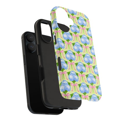 Blue Watercolor Hydrangea Bouquets with Light Pink Bows Watercolor Illustrated Patterned Yellow Tough Phone Case | Various Models