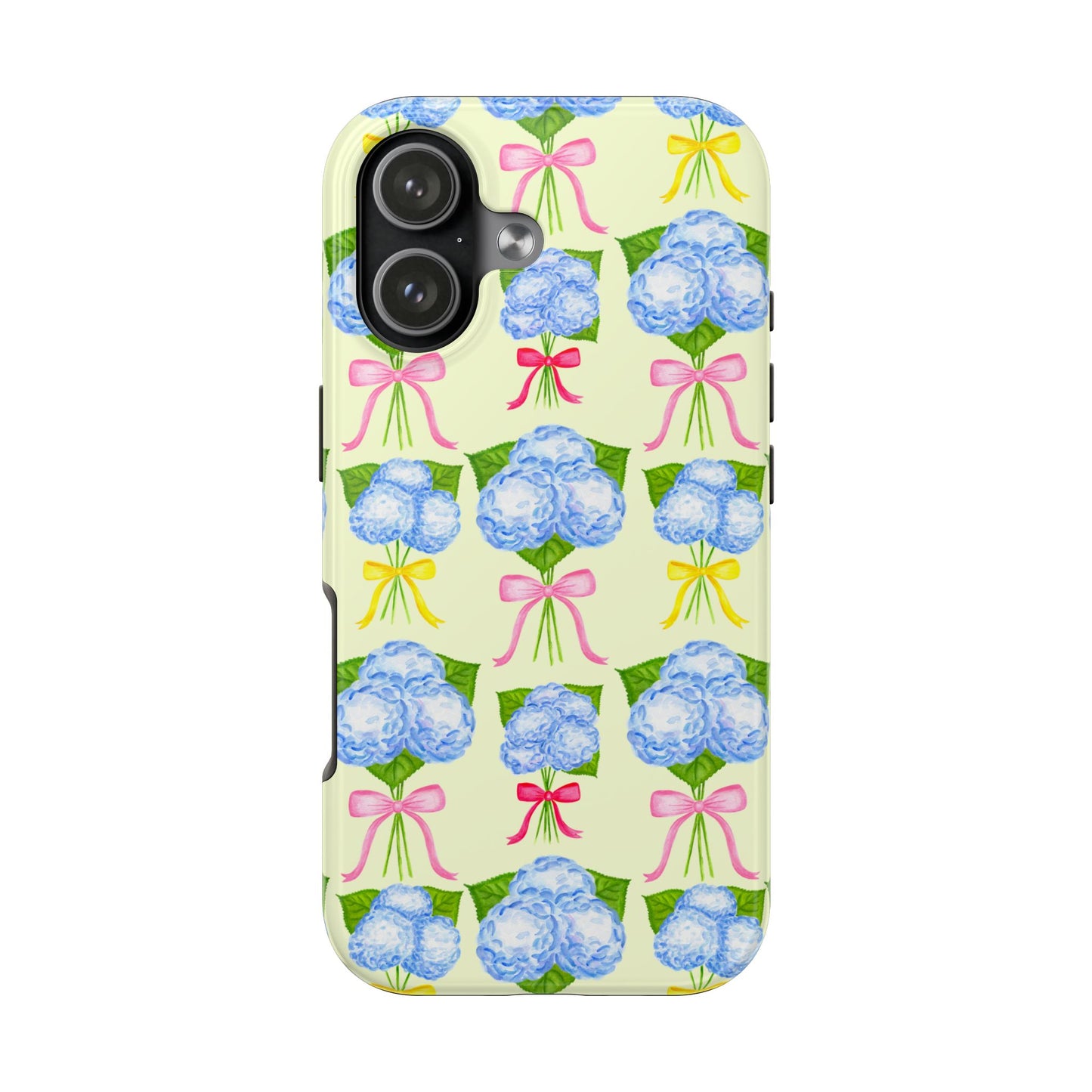 Blue Hydrangeas with Hot Pink, Yellow, Light Pink Bows Watercolor Illustrated Patterned Light Yellow Tough Phone Case | Various Models
