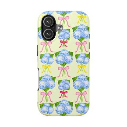 Blue Hydrangeas with Hot Pink, Yellow, Light Pink Bows Watercolor Illustrated Patterned Light Yellow Tough Phone Case | Various Models