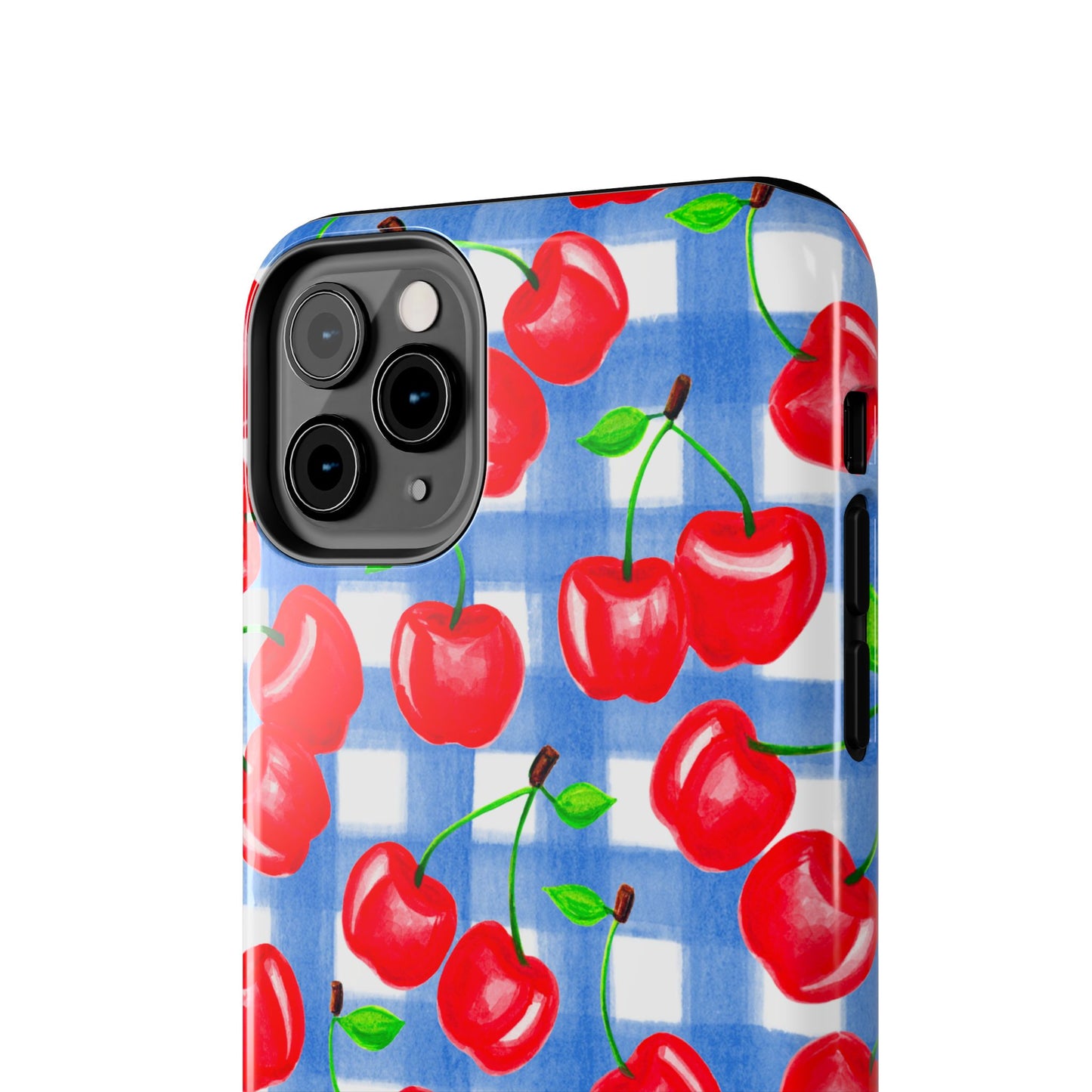 Tossed Red Cherries Blue Gingham Checkered Watercolor Illustrated Tough Phone Case | Various Models