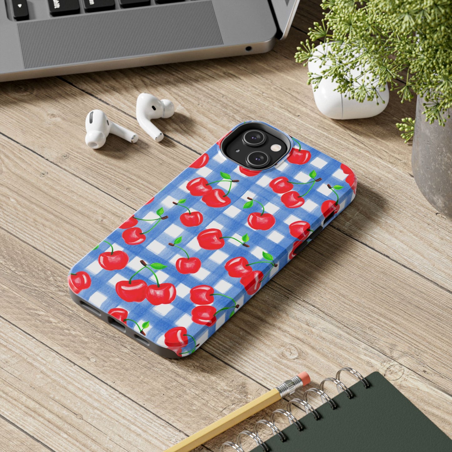 Tossed Red Watercolor Illustrated Cherries Light Blue Gingham Tough Phone Case | Various Models