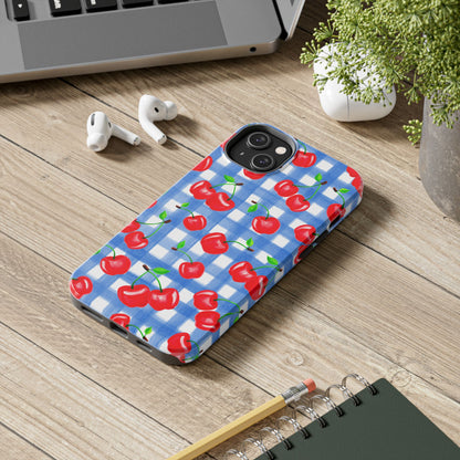 Tossed Red Watercolor Illustrated Cherries Light Blue Gingham Tough Phone Case | Various Models