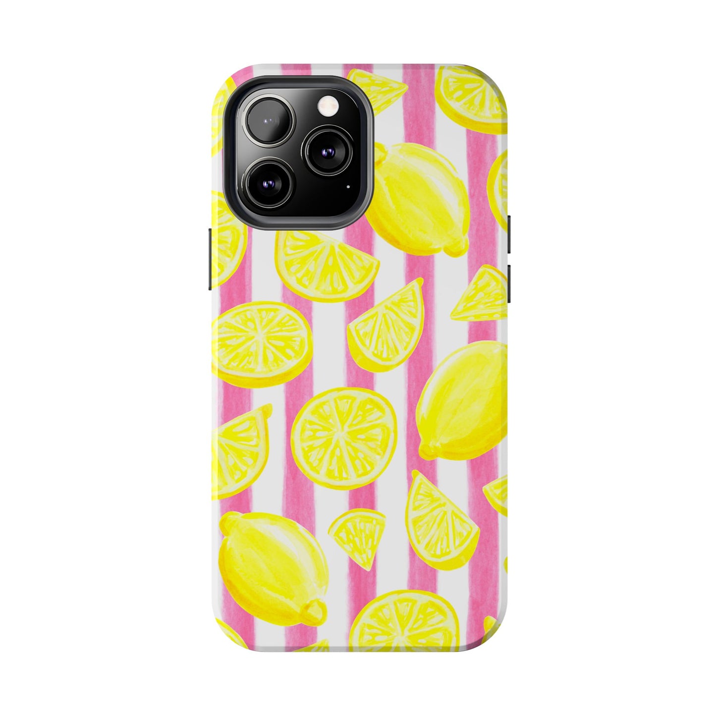 Pink Lemonade Yellow Lemons with Pink & White Watercolor Stripes Tough Phone Case
