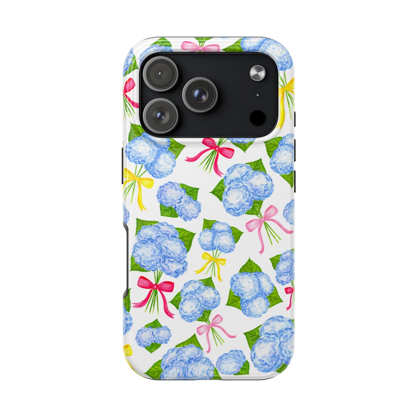 Blue Watercolor Hydrangea Bunches with Hot Pink, Yellow, Light Pink Bows Illustrated Patterned Tough Phone Case | Various Models