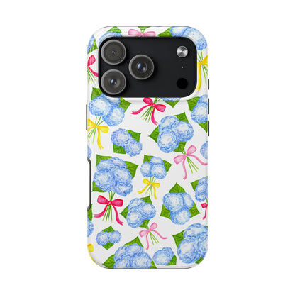 Blue Watercolor Hydrangea Bunches with Hot Pink, Yellow, Light Pink Bows Illustrated Patterned Tough Phone Case | Various Models