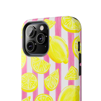 Pink Lemonade Yellow Lemons with Pink & White Watercolor Stripes Tough Phone Case