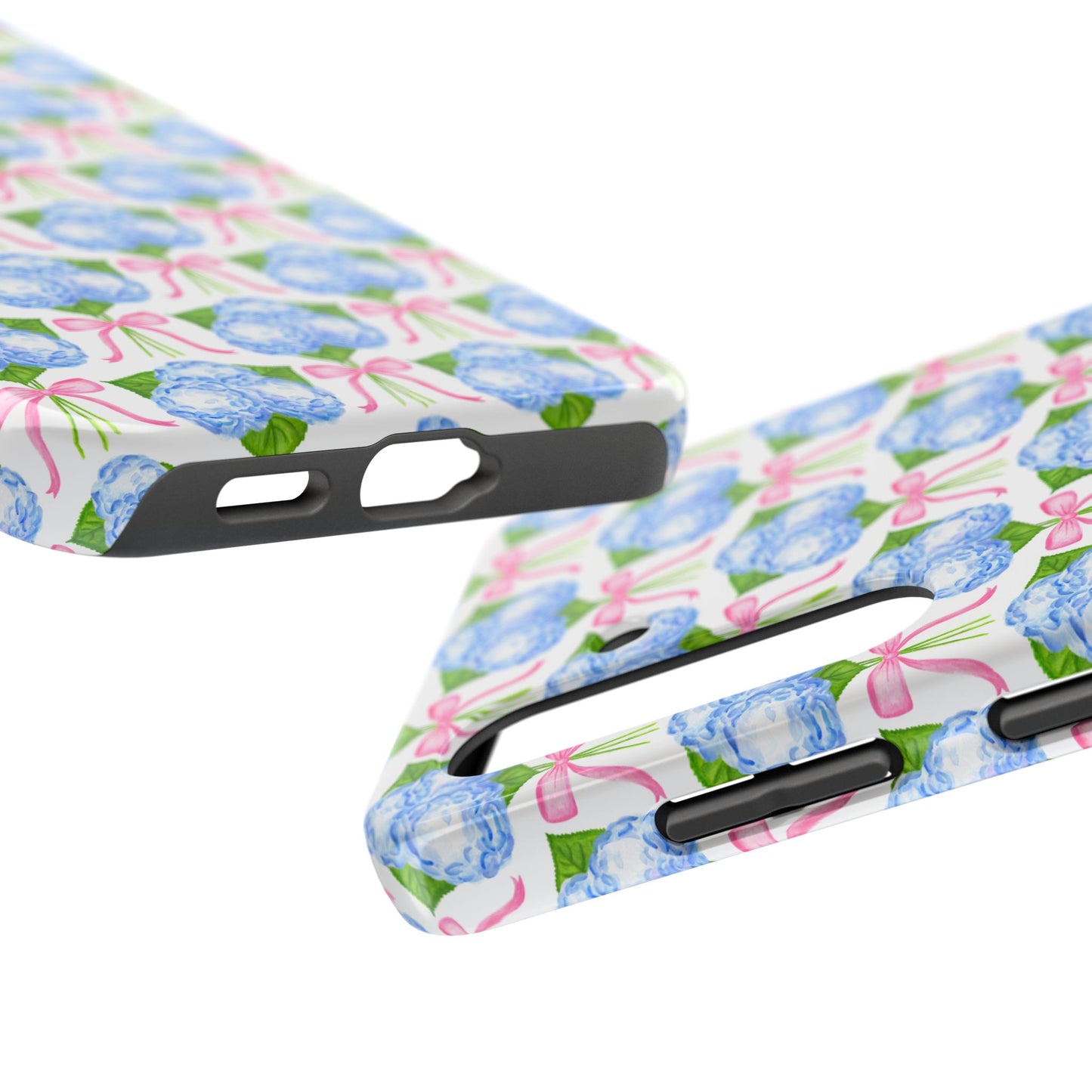 Blue Watercolor Hydrangea Bouqets with Light Pink Bows Watercolor Illustrated Patterned Tough Phone Case | Various Models