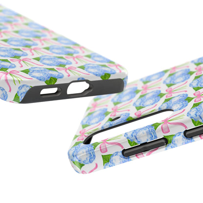 Blue Watercolor Hydrangea Bouqets with Light Pink Bows Watercolor Illustrated Patterned Tough Phone Case | Various Models