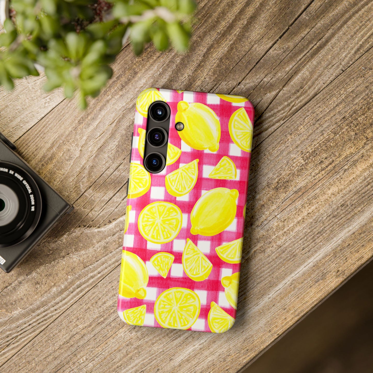 Yellow Lemons & Hot Pink Gingham Watercolor Illustrated Tough Phone Case | Various Models Available