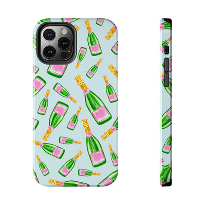 Tossed Pink and Green Watercolor Illustrated Champagne Bottles Pattern Light Blue Tough Phone Case | Various Models