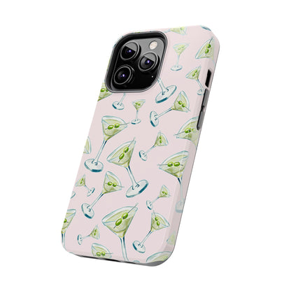 Watercolor Blue and Green Martinis Tossed Illustrated Pattern Blush Pink Tough Phone Case | Various Models