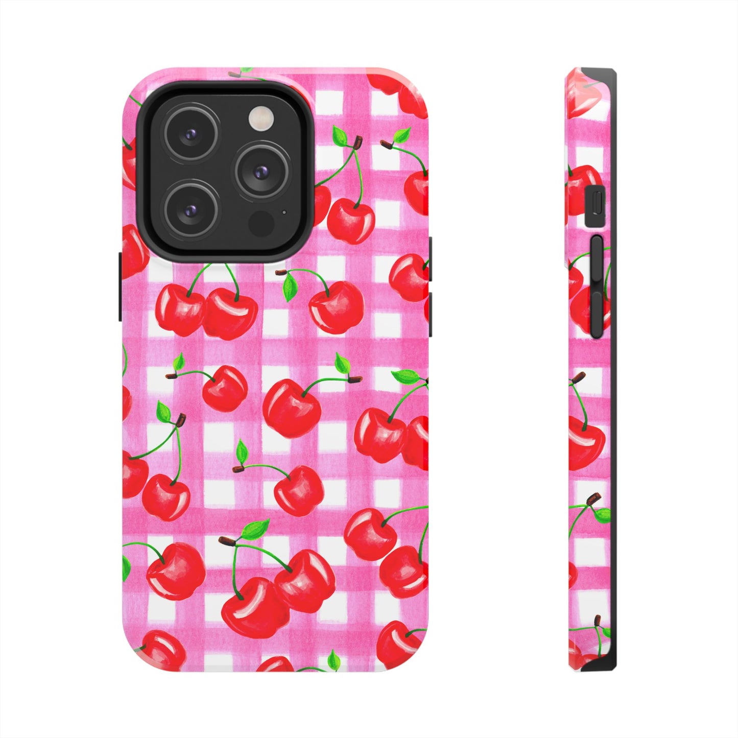 Tossed Red Watercolor Cherries Illustrated Pattern Light Pink Gingham Tough Phone Case | Various Models