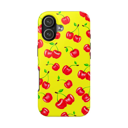 Tossed Red Watercolor Cherries Illustrated Pattern Bright Yellow Tough Phone Case | Various Models