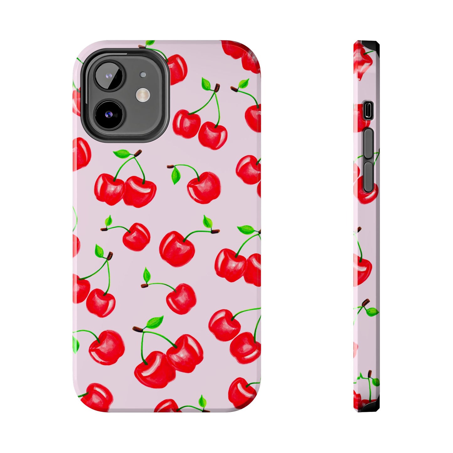 Tossed Red Watercolor Cherries Illustrated Pattern Light Pink Tough Phone Case | Various Models
