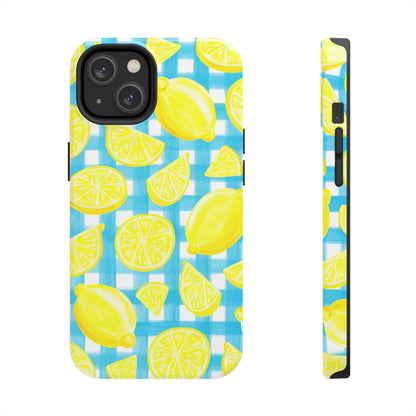 Bright Yellow Lemons Watercolor Illustrated Tossed Pattern Turquoise Gingham Tough Phone Case | Various Models