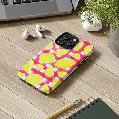 Yellow Lemons & Hot Pink Gingham Watercolor Illustrated Tough Phone Case | Various Models Available