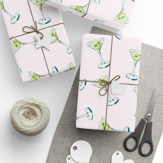 Gift Wrap | Blush Pink Watercolor Martini Tossed Pattern | Matte or Glossy 30" x 180" Glossy