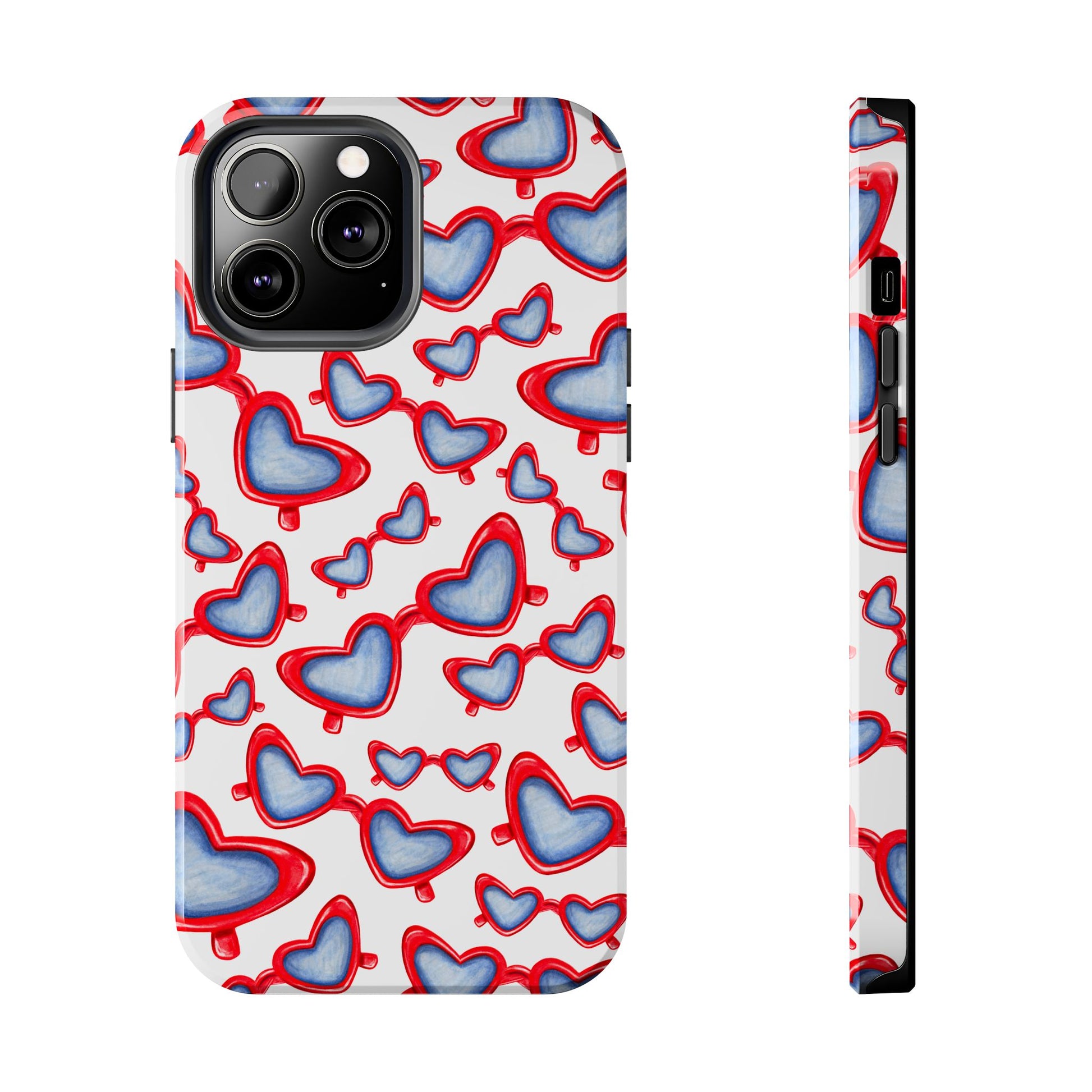 Red, White, & Blue Heart Shaped Watercolor Sunglasses Tossed Pattern Tough Phone Cases iPhone 13 Pro Max