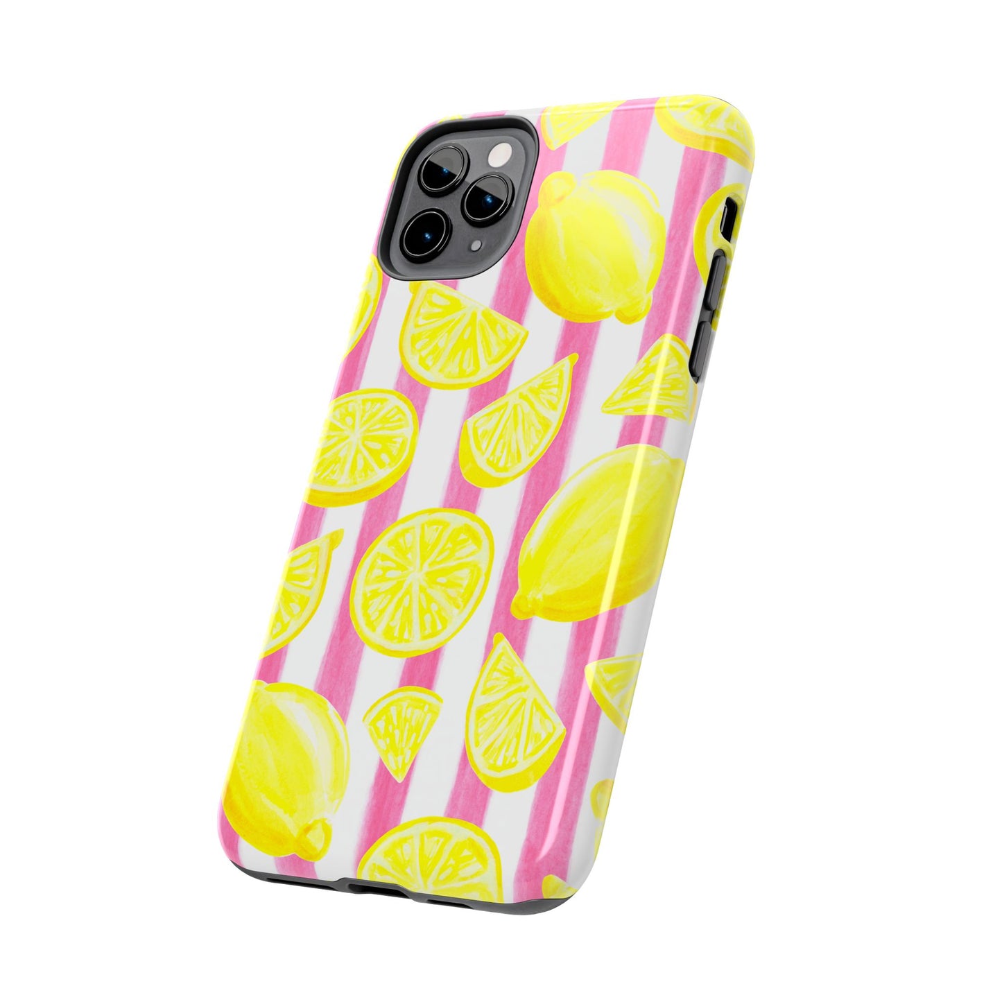 Pink Lemonade Yellow Lemons with Pink & White Watercolor Stripes Tough Phone Case