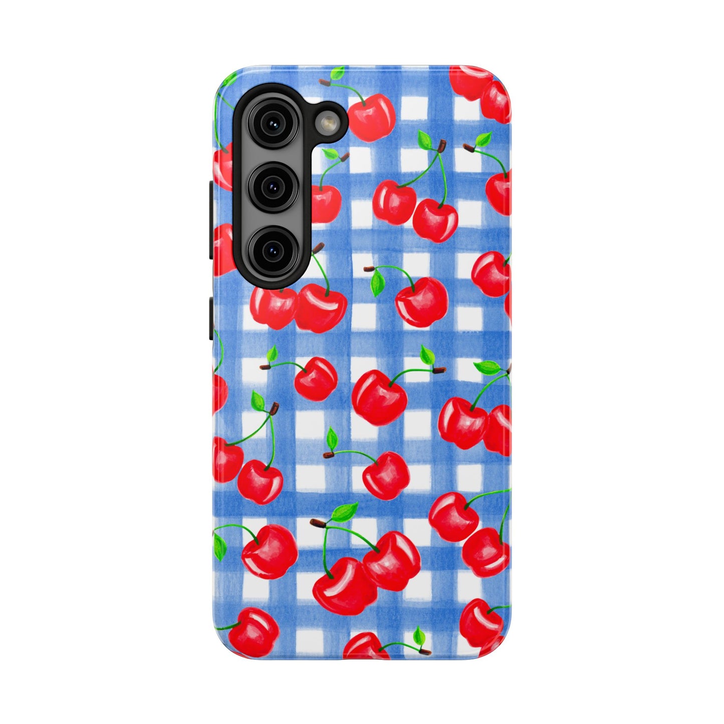 Tossed Red Watercolor Illustrated Cherries Light Blue Gingham Tough Phone Case | Various Models