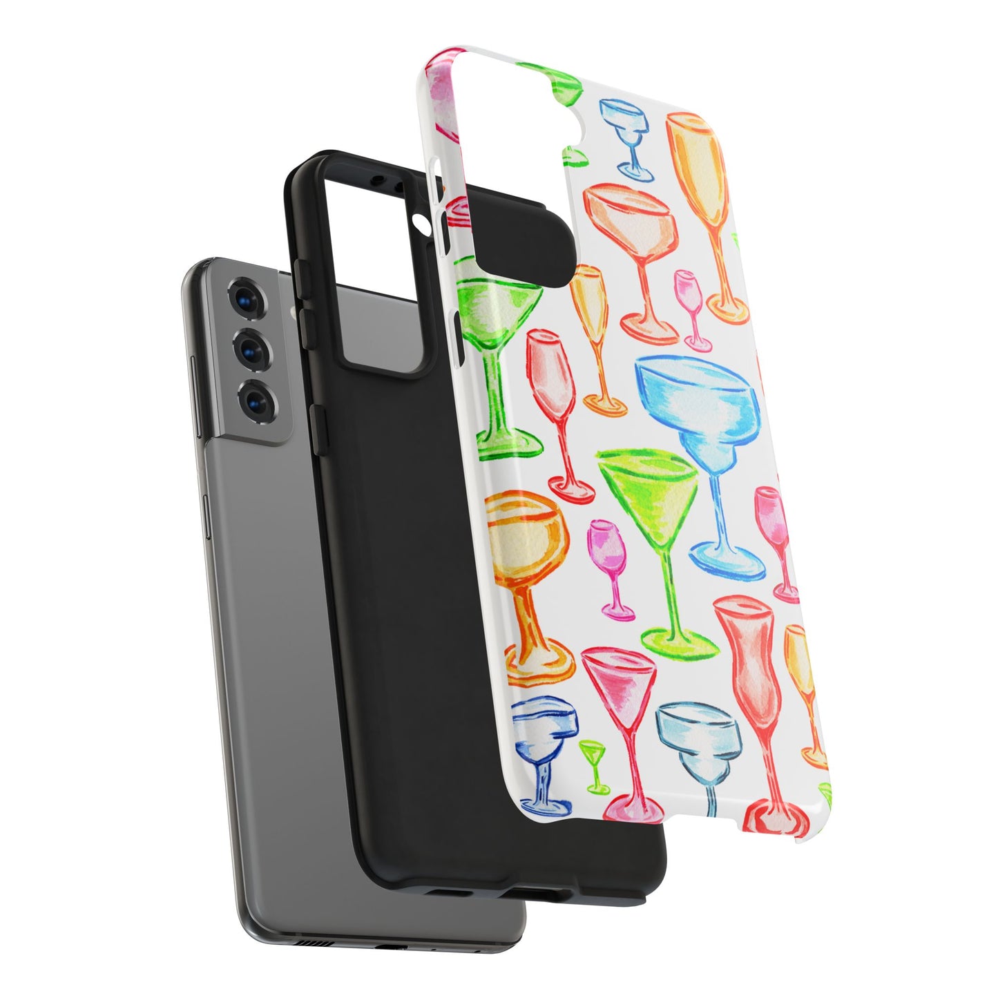 Monochromatic Margarita, Wine, Martini, and Champagne Flute Cocktail Glasses Watercolor Illustrated Tough Phone Case | Various Models Available
