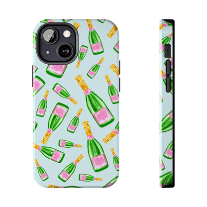 Tossed Pink and Green Watercolor Illustrated Champagne Bottles Pattern Light Blue Tough Phone Case | Various Models