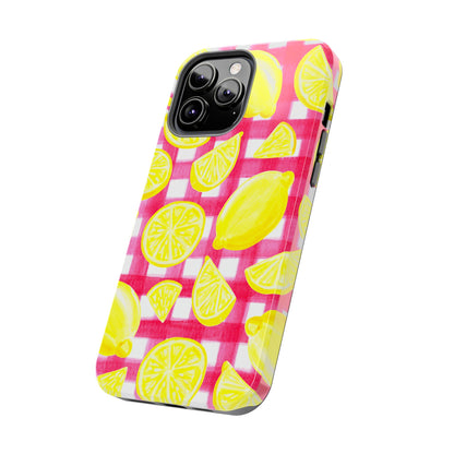 Yellow Lemons & Hot Pink Gingham Watercolor Illustrated Tough Phone Case | Various Models Available