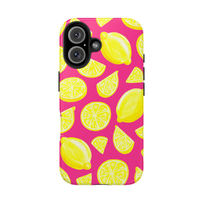 Bright Yellow Lemons Watercolor Illustrated Tossed Pattern Watermelon Pink Tough Phone Case | Various Models