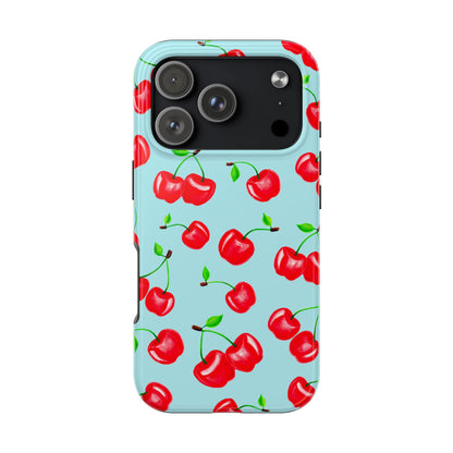 Tossed Red Watercolor Cherries Illustrated Pattern Bright Blue Tough Phone Case | Various Models