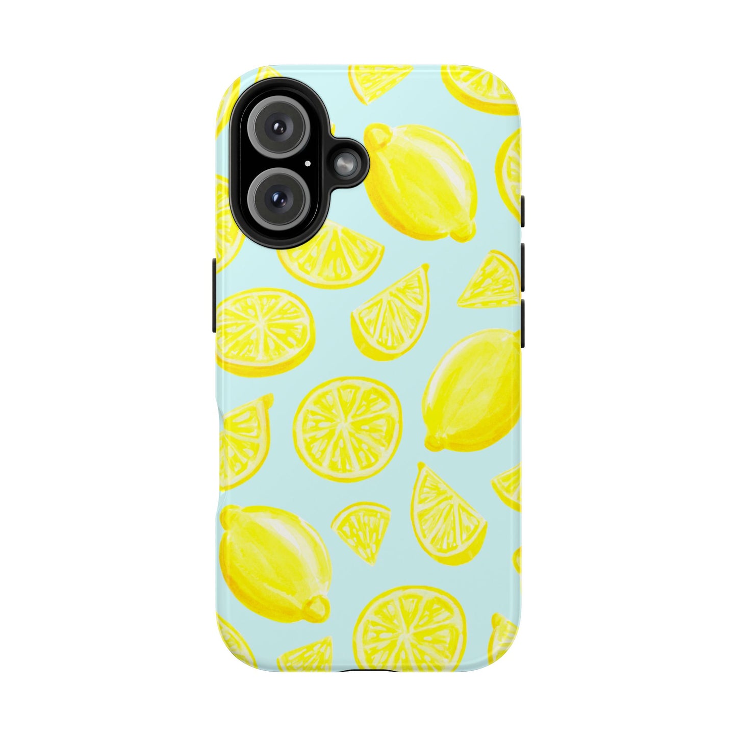 Bright Yellow Lemons Watercolor Illustrated Tossed Pattern Light Blue Tough Phone Case | Various Models
