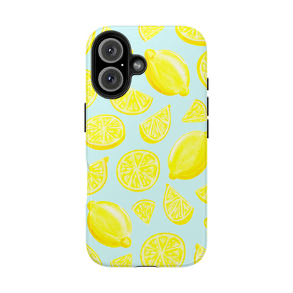 Bright Yellow Lemons Watercolor Illustrated Tossed Pattern Light Blue Tough Phone Case | Various Models