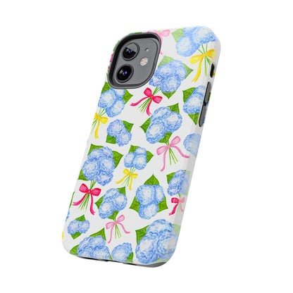 Blue Watercolor Hydrangea Bunches with Hot Pink, Yellow, Light Pink Bows Illustrated Patterned Tough Phone Case | Various Models