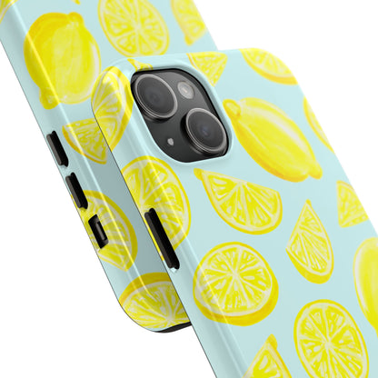 Bright Yellow Lemons Watercolor Illustrated Tossed Pattern Light Blue Tough Phone Case | Various Models