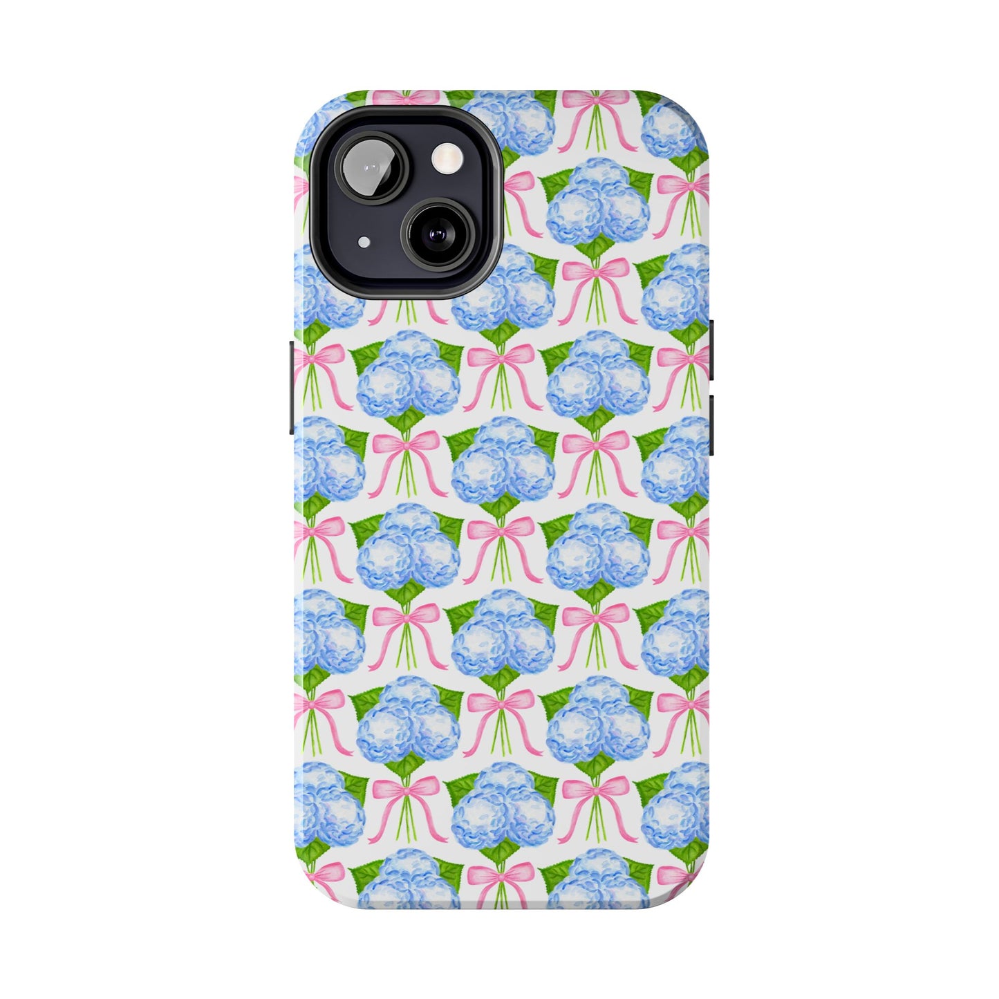 Blue Watercolor Hydrangea Bouqets with Light Pink Bows Watercolor Illustrated Patterned Tough Phone Case | Various Models
