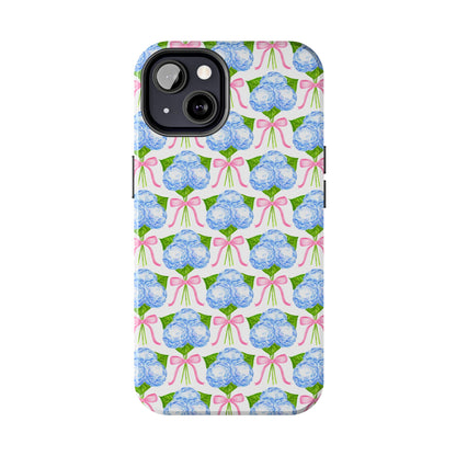 Blue Watercolor Hydrangea Bouqets with Light Pink Bows Watercolor Illustrated Patterned Tough Phone Case | Various Models