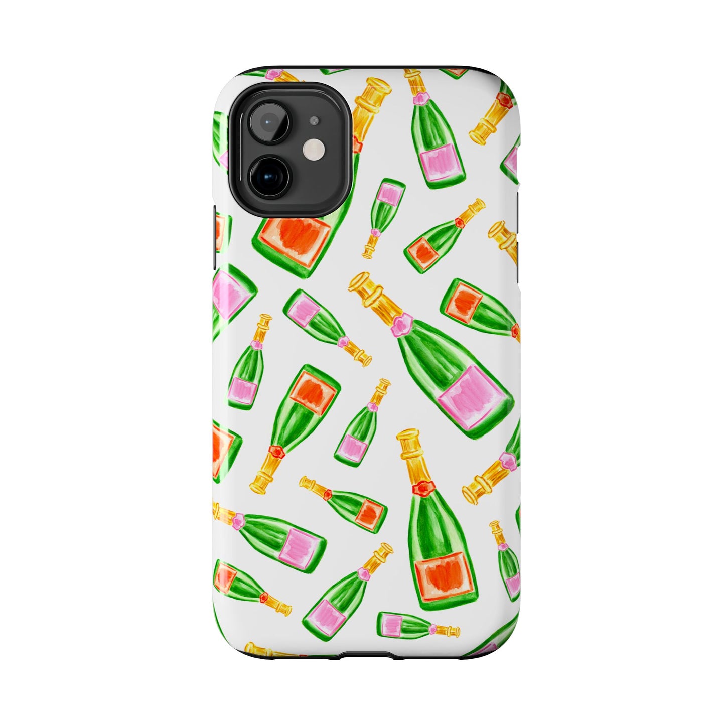 Tossed Pink and Green & Orange and Green Watercolor Illustrated Champagne Bottles Pattern Tough Phone Case | Various Models