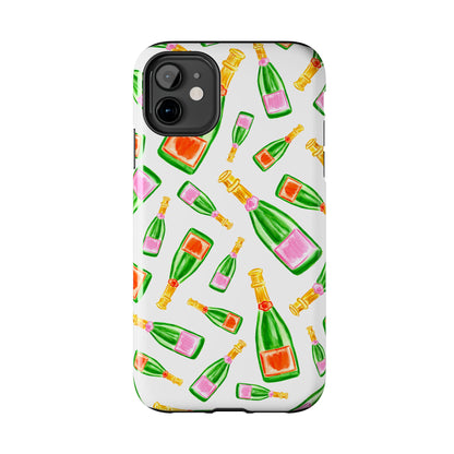 Tossed Pink and Green & Orange and Green Watercolor Illustrated Champagne Bottles Pattern Tough Phone Case | Various Models