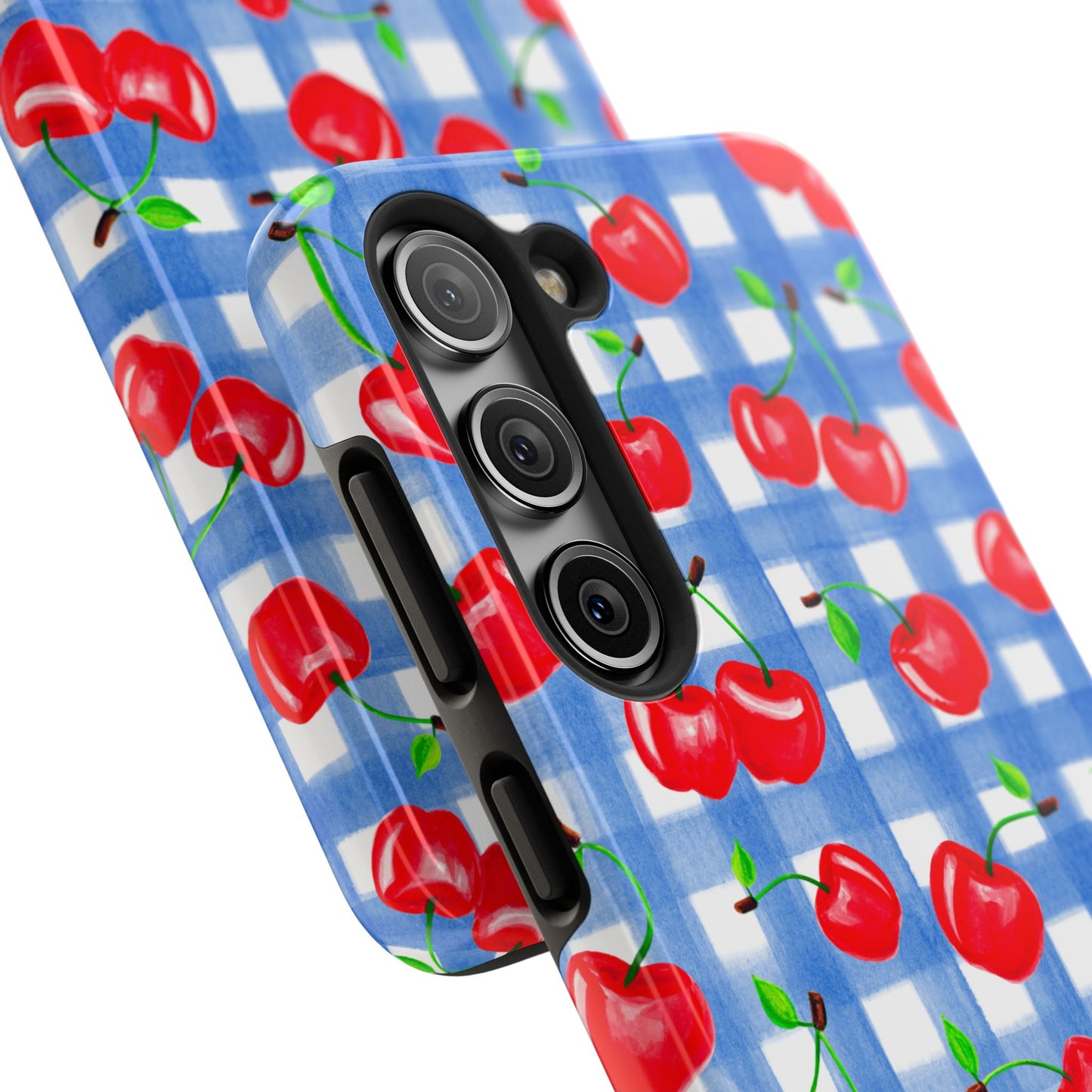 Tossed Red Watercolor Illustrated Cherries Light Blue Gingham Tough Phone Case | Various Models