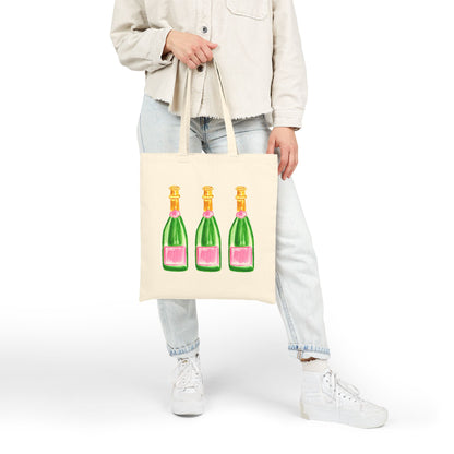 Canvas Book Tote | Trio pink & Green Watercolor Champagne Bottle Farmers Market Tote | Cocktail Bachelorette Gift Hostess
