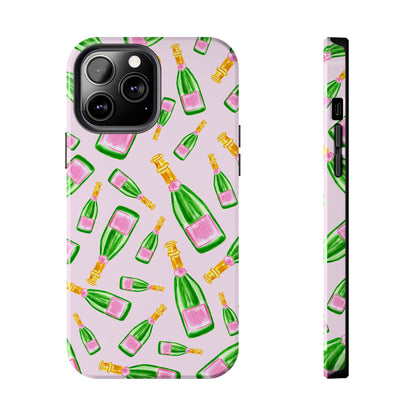 Tossed Pink and Green Watercolor Illustrated Champagne Bottles Pattern Blush Pink Tough Phone Case | Various Models