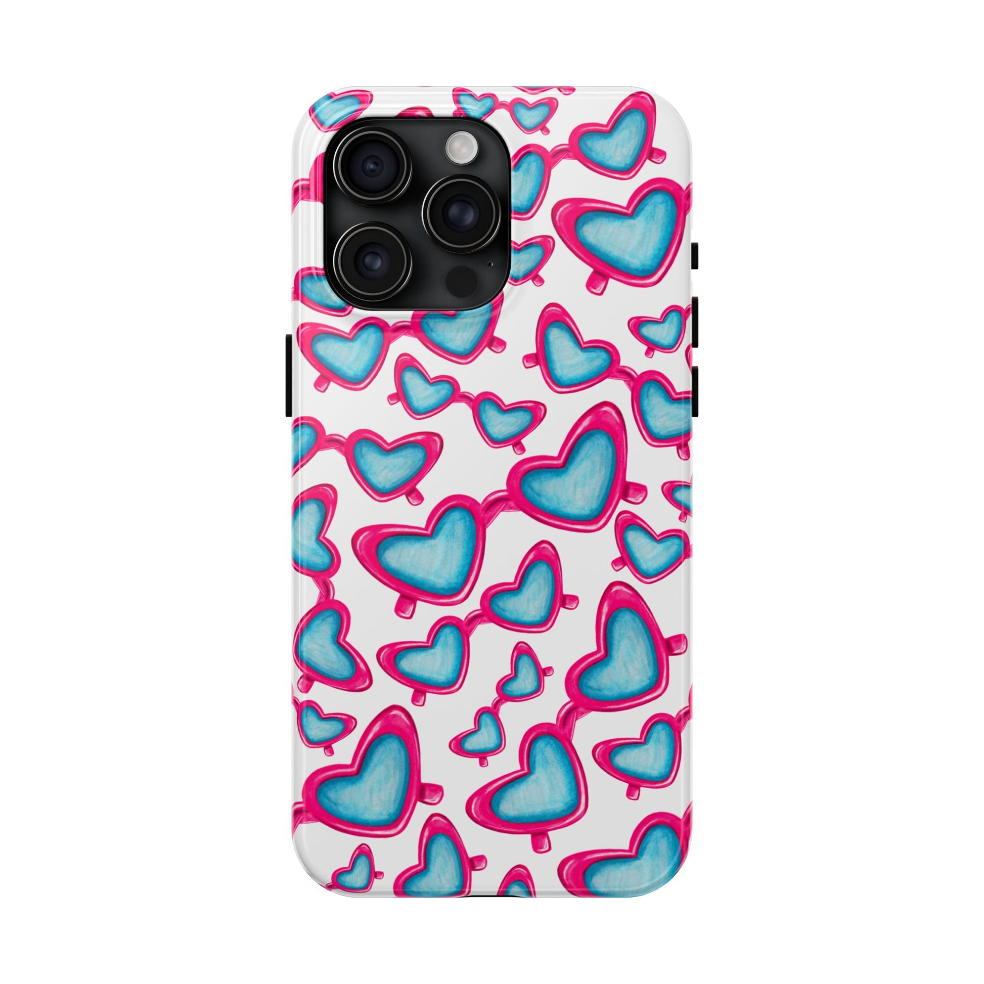 Pink & Blue Heart Shaped Sunglasses Watercolor Illustrated Tossed Pattern Tough Case | Various Models iPhone 15 Pro Max