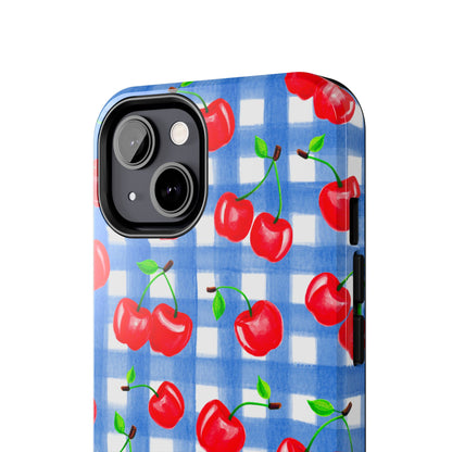 Tossed Red Watercolor Illustrated Cherries Light Blue Gingham Tough Phone Case | Various Models