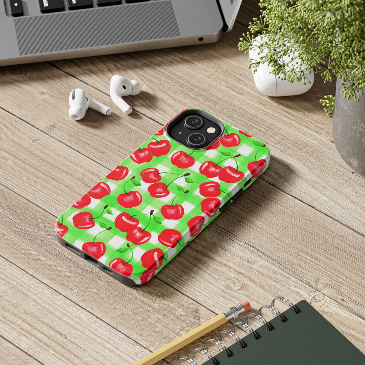 Red Tossed Cherries Green Gingham Watercolor Illustrated Tough Phone Case | Various Models Available