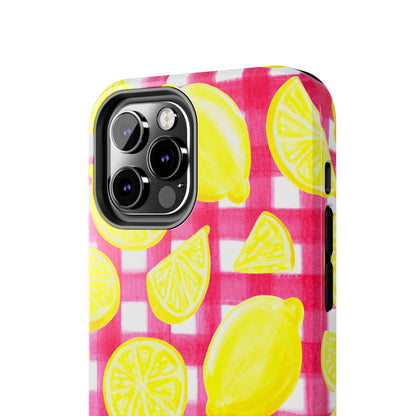 Yellow Lemons & Hot Pink Gingham Watercolor Illustrated Tough Phone Case | Various Models Available
