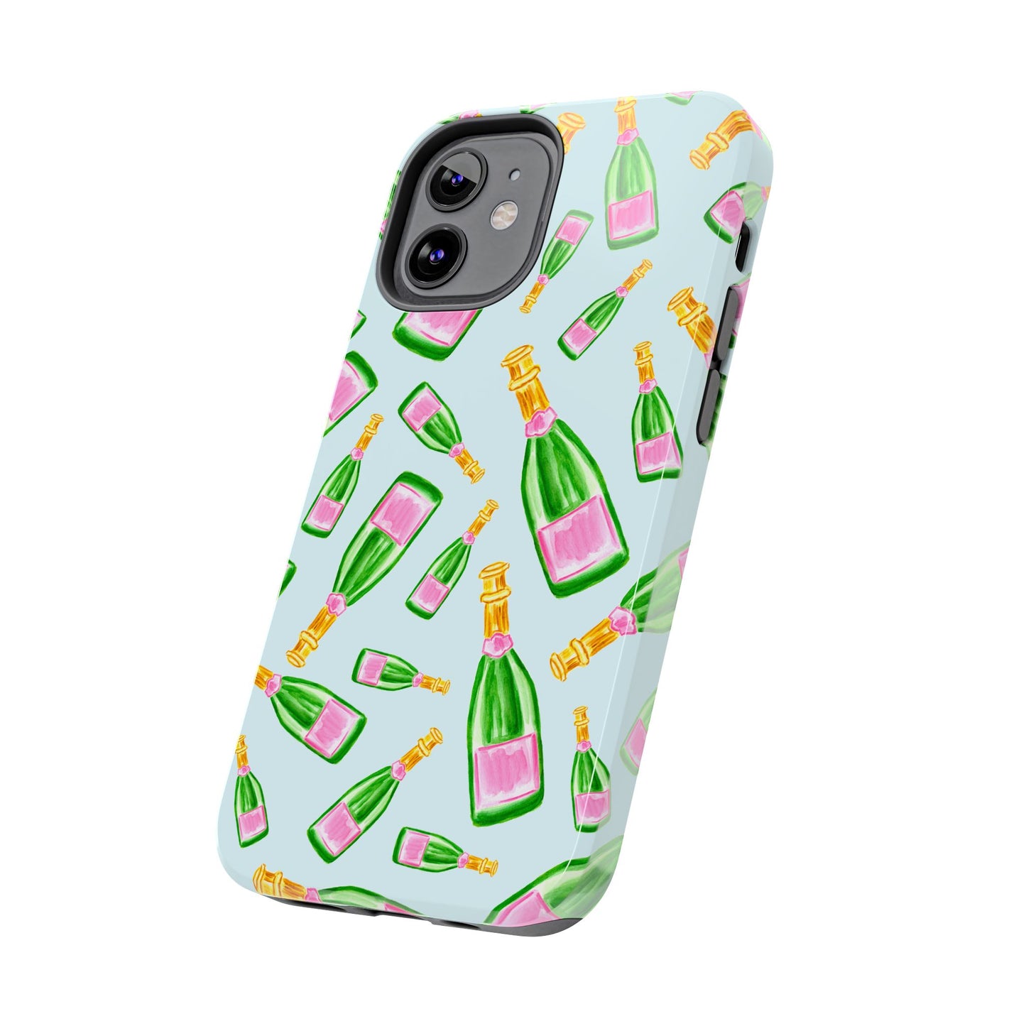 Tossed Pink and Green Watercolor Illustrated Champagne Bottles Pattern Light Blue Tough Phone Case | Various Models