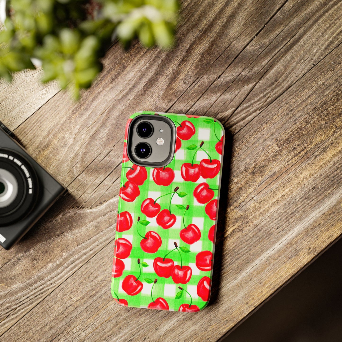 Red Tossed Cherries Green Gingham Watercolor Illustrated Tough Phone Case | Various Models Available