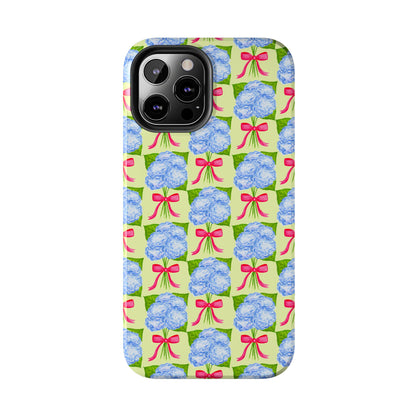 Blue Watercolor Hydrangea Bouquets with Hot Pink Bows Illustrated Patterned Yellow Preppy Grand Millenial Tough Phone Case | Various Models
