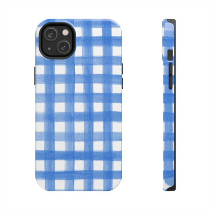 Blue Gingham Watercolor Preppy Tough Phone Case | Various models iPhone 14 Plus