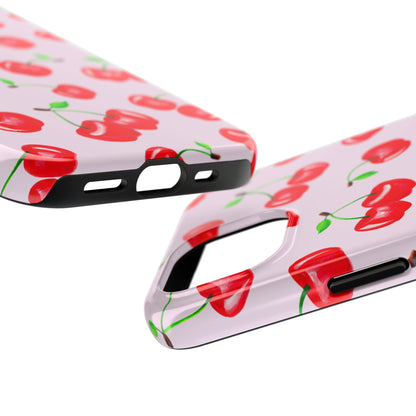 Tossed Red Watercolor Cherries Illustrated Pattern Light Pink Tough Phone Case | Various Models